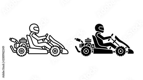Cuadro en lienzo Go-kart Racing Icons: A pair of stylized go-kart racing icons, one outlined and one solid black, depict a driver in a helmet in a racing vehicle, symbolizing speed and competition