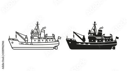 Konstfotografi Fishing Trawler Duo: A pair of detailed fishing trawlers, presented in both line art and silhouette, showcase maritime prowess with their robust design and onboard equipment