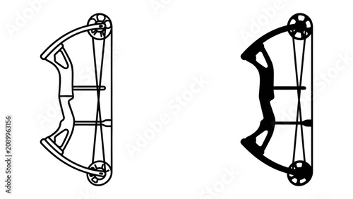 Foto Compound Bow Line Art: A pair of detailed line art illustrations showcasing a modern compound bow, one in outline and the other in solid black silhouette