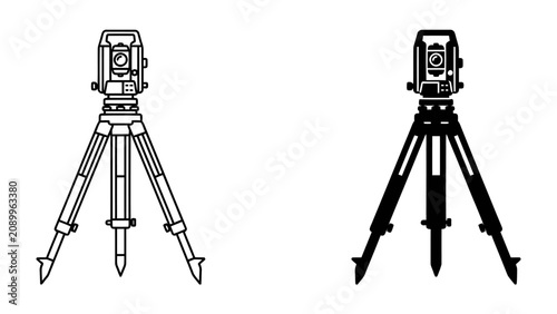Foto Surveying Instruments: A detailed line art illustration and a solid silhouette of a theodolite mounted on a tripod, symbolizing precision measurement and land surveying