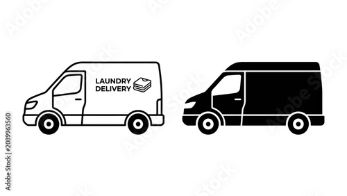 Laundry Delivery Van Icons: Two clean, modern icons representing a laundry delivery van, one in outline with LAUNDRY DELIVERY text and a folded shirt graphic, and the other in solid black.