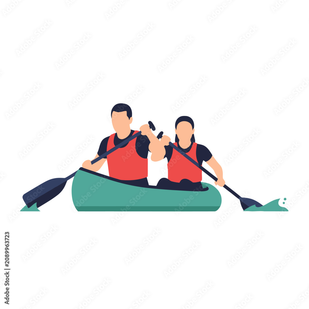 Fototapeta premium Professional canoe team racing vector illustration featuring athletes rowing in unison on a river during a competitive sports event, outdoor water activity graphic for design.