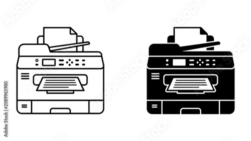 Fotografía Printer Icon Set: A minimalist set of printer icons, showcasing both an outlined and a solid silhouette representation of a modern office printer, complete with paper in the feeder and output tray