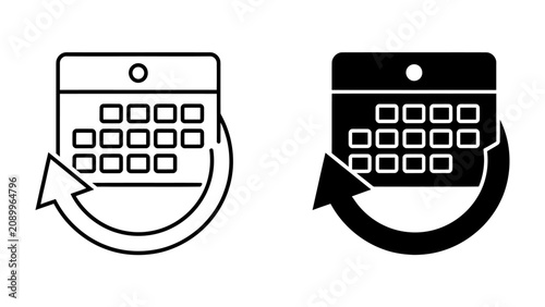Photos Calendar Icon Set: A set of two calendar icons, one in outline and one in solid black, featuring a grid layout and a circular arrow indicating repetition or recurrence