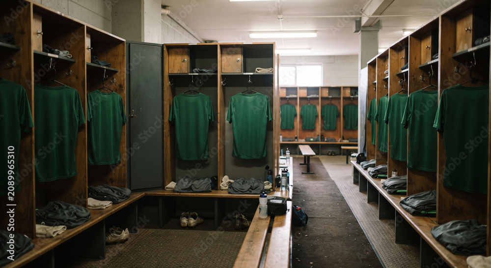 Obraz premium Empty soccer team locker room with green uniforms hanging in wooden cubbies, benches, gear, and bright overhead lights before play