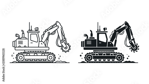 Картината върху платно Construction Excavator Set: A set of two excavator icons, one in outline and one in solid black, featuring a powerful construction vehicle with a digging bucket and caterpillar tracks