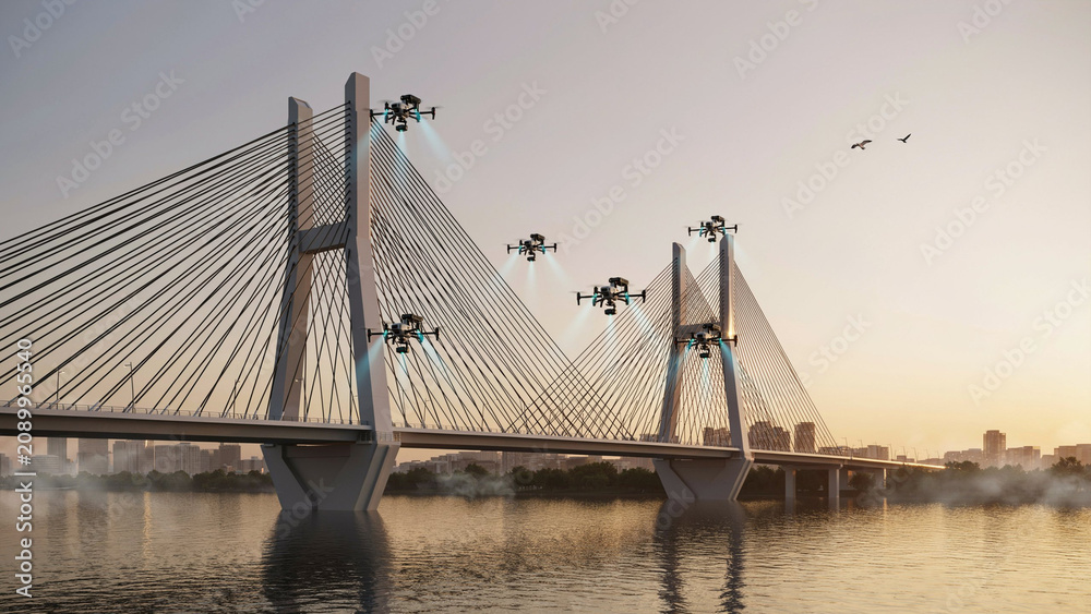 Obraz premium Futuristic drones inspecting cables of massive white cable stayed bridge over the river.