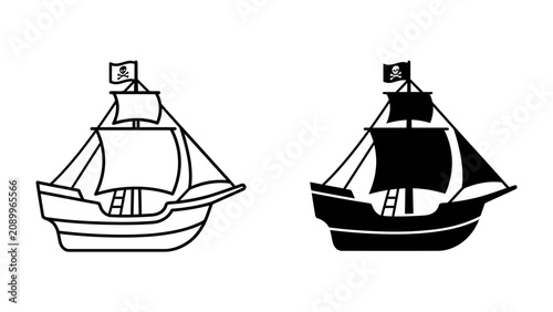 Foto Pirate Ship Icons: A set of two line art and silhouette icons depicting a classic pirate ship with a Jolly Roger flag, symbolizing adventure and maritime history