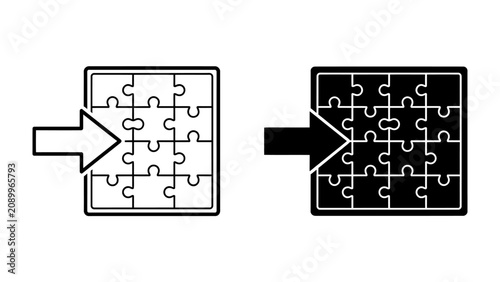 Bild auf Leinwand Puzzle Piece Integration: Two identical jigsaw puzzles, one outlined and the other solid black, are depicted with a directional arrow pointing towards their integration