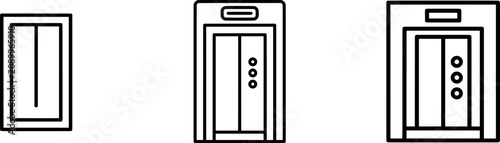 A sleek black outline icon of a modern elevator door, featuring thick uniform lines in a minimalist flat vector style against a pure white background