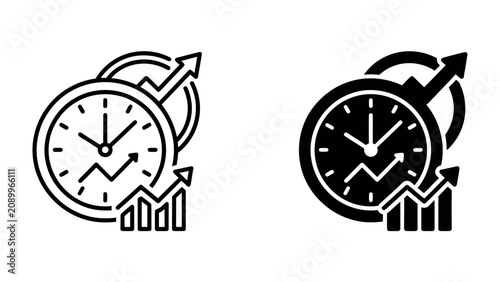 Time is Money Icons: Two stylized icons depict the concept of time management and financial growth, featuring clocks, rising graphs, and arrow symbols, representing efficiency and profit.