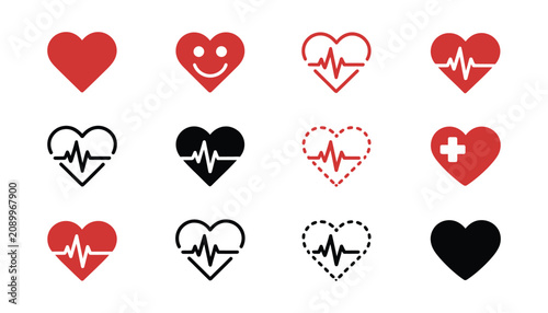 Foto Twelve heart icons with heartbeat lines and plus symbols in red and black colors for healthcare, medical, and wellness designs