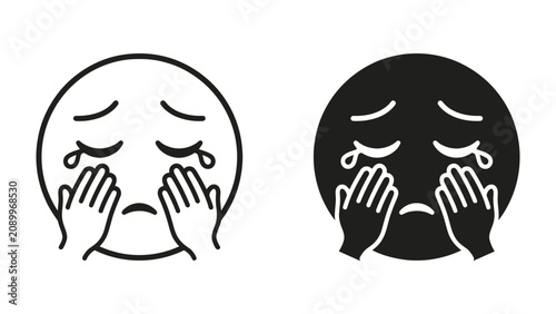 Valokuva Crying Face Icon: A graphic representation of a sad face, showing tears streaming down from closed eyes and hands covering the face, available in both outline and solid black versions