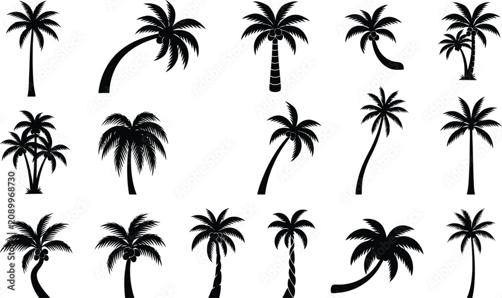 Naklejka premium Palm tree silhouettes vector set tropical coconut palm trees collection isolated black nature designPalm tree silhouettes vector set tropical coconut palm trees collection isolated black nature design