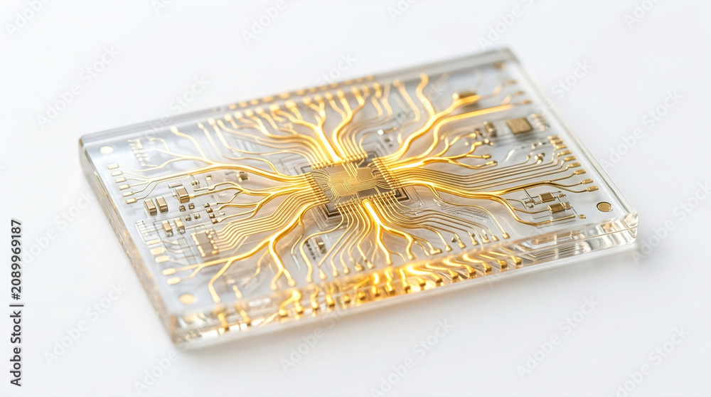 Fototapeta premium Golden circuit board integrated into clear acrylic for futuristic technology concept