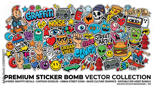 Fotografie Premium sticker bomb vector collection with graffiti decals, cartoon doodles, ur