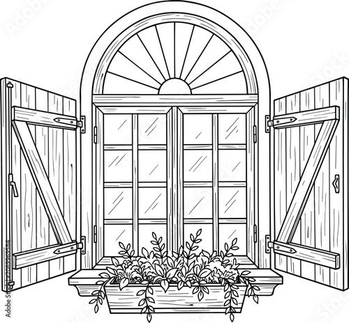 Obraz na plátně Hand drawn vintage sketch of open arched window with rustic wooden shutters and
