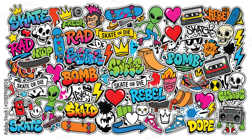 Cuadro en lienzo Skate culture sticker bomb collection with graffiti lettering, urban icons, and