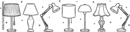 Fotografía Hand drawn doodle vector illustration set of various desk lamps and table lights