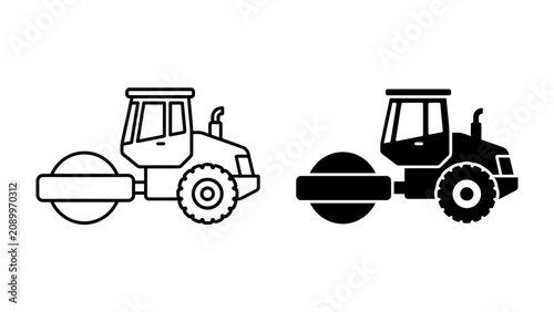 Fotografie Road Roller Icon Set: A pair of road roller illustrations, one in outline and the other in solid black, showcase the essential construction machine used for compacting roads and surfaces