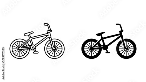 Billede på lærred BMX Bicycle Icon: A graphic representation of a BMX bicycle, presented in both outline and silhouette forms, showcases the distinctive design of this freestyle cycling machine