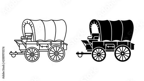 Foto Covered Wagon Icon Set: Two vintage covered wagons, one outlined in black and white and the other a solid black silhouette, represent historical transport and pioneer journeys