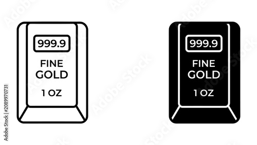 Billede på lærred Gold Bar Icons: Two stylized icons depict a gold bar, one in outline and one in solid black, both clearly marked 999