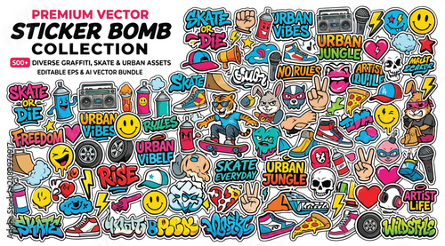 Konstfotografi Premium vector sticker bomb collection featuring 500 diverse graffiti, skate, an
