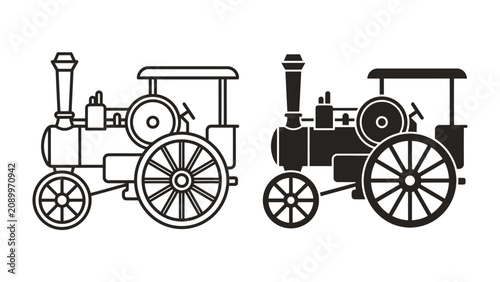 Canvastavla Vintage Steam Traction Engine: Two vintage steam traction engines, one in outline and one in silhouette, stand as a testament to industrial heritage and engineering innovation