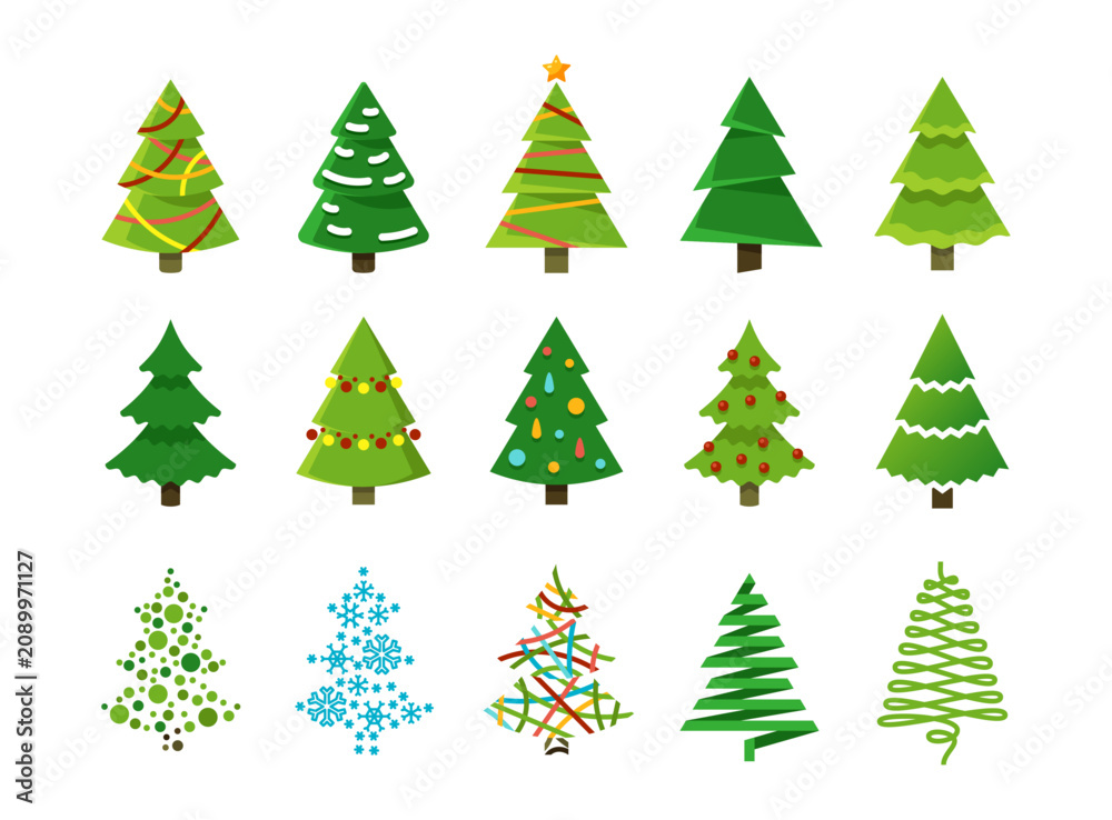 Obraz premium Set of fifteen stylized Christmas tree vector icons featuring various minimalist designs, festive patterns, and holiday shapes for seasonal graphic projects