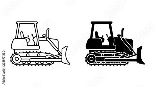 Картината върху платно Bulldozer Illustration: A side-by-side illustration of a bulldozer, presented in both line art and silhouette form, showcasing its robust design and machinery