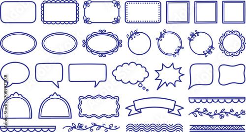 Collection of blue line frame shapes and decorative borders vector illustration silhouette