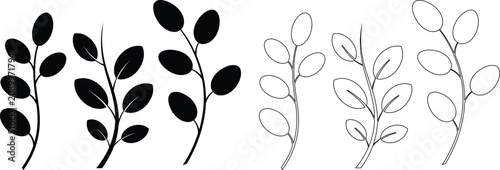 Floral branch variations in black and white line art silhouette
