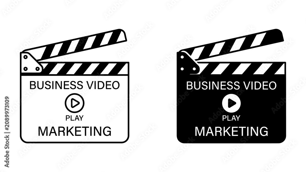 Naklejka premium Clapperboard Icon for Video Marketing: Two distinct clapperboard icons, one in white and one in black, featuring the text BUSINESS VIDEO PLAY MARKETING.