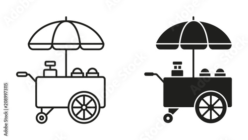 Konstfotografi Street Food Cart Icons: A set of clean and modern vector icons depicting a street food cart with an umbrella, showcasing different styles for versatility in design