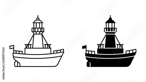 Tableau sur toile Lightship Icon Set: A minimalist collection featuring a lightship in both outline and solid silhouette forms, symbolizing maritime navigation and safety at sea