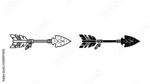 Tableau sur toile Tribal Arrow Icons: Two distinct illustrations of a tribal arrow, one in outline and the other in silhouette, showcase an ancient symbol of direction and power