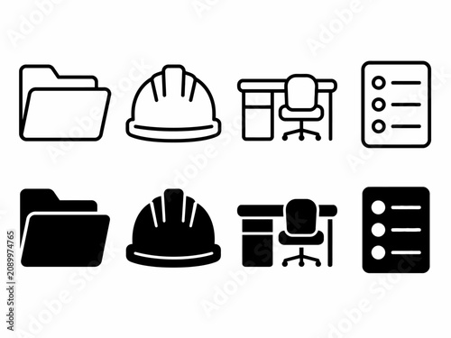 Office and construction icons: folder, hard hat, desk, checklist graphics