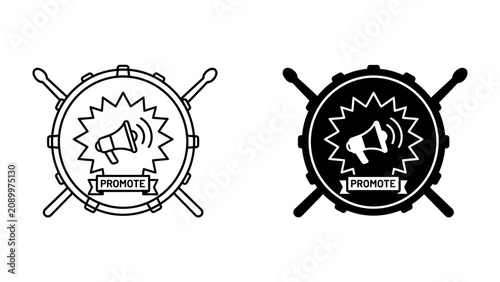 Canvastavla Drum and Megaphone Icon Set for Promotion: A graphic representation of a drum with crossed drumsticks, featuring a megaphone and a Promote banner, available in both outline and silhouette styles