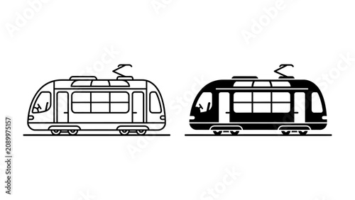 Modern Tram Illustration: A clean, graphic illustration showcasing two modern tram designs, one in outline and the other in silhouette, highlighting streamlined aesthetics and urban transportation.