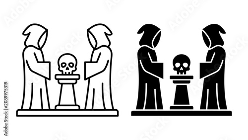 Tableau sur toile Occult Ritual Icon: A stylized icon depicting two robed figures performing a ritual with a skull on a pedestal, presented in both outline and solid black versions, symbolizing mystery and the unknown