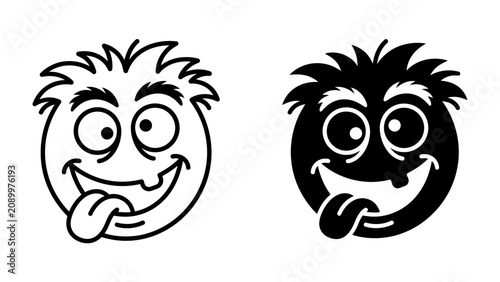 Foto Silly Faces: Two cartoonish faces, one in black outline and the other a solid silhouette, with wild hair, crossed eyes, and tongues sticking out, convey a sense of playful foolishness