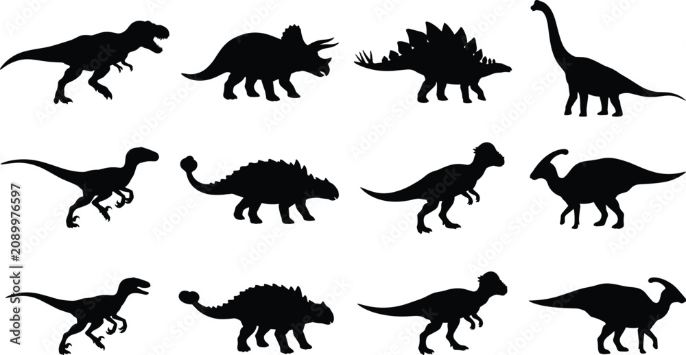 Fototapeta premium “Collection of twelve dinosaur silhouette vector illustrations featuring prehistoric species with distinct shapes, horns, plates, and long necks”