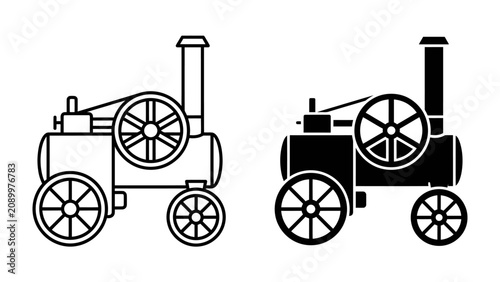 Obraz na płótnie Steam Engine Iconography: Two stylized icons of a steam engine, one in outline and the other in solid black, represent industrial power and historical transportation