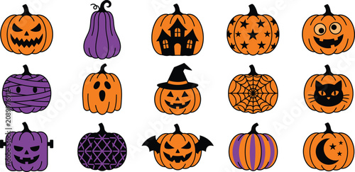 Fotografía Halloween pumpkins and gourds with various designs and patterns