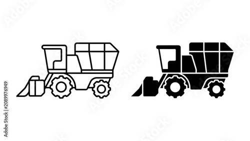 Tableau sur toile Combine Harvester Icon Set: A clear and bold representation of a combine harvester, presented in both line art and solid silhouette forms, ideal for agricultural themes and technology