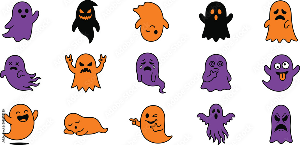 Obraz premium Halloween ghost character set diverse spooky apparitions for festive designs and digital artwork