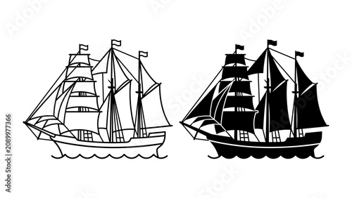 фотографія Sailing Vessels: Two intricately detailed sailing ships, one in black and white outline and the other in silhouette, navigate the waters, showcasing historical maritime design