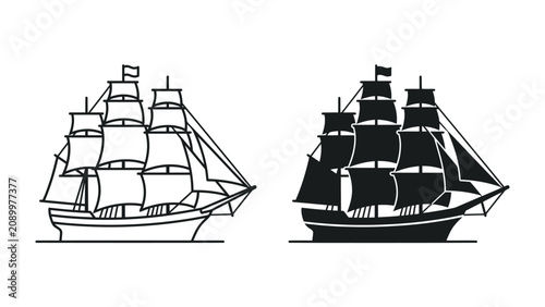 фотографія Old Sailing Ship Illustrations: A detailed outline and a solid silhouette illustration of an antique sailing ship, showcasing its majestic sails and hull