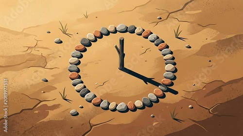 Stone circle sundial in dry cracked desert landscape